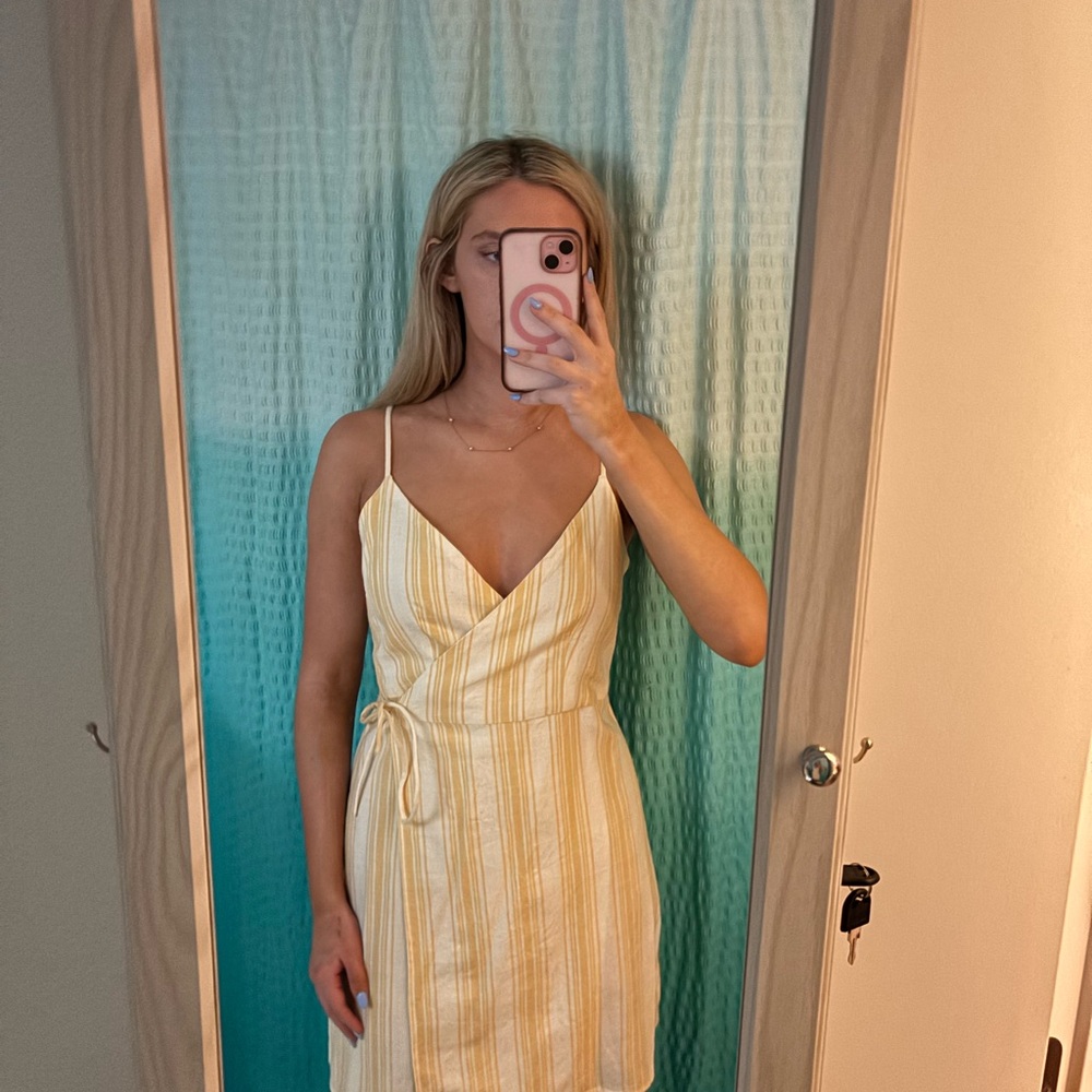 RaG Poets Canggu Yellow Striped Wrap Dress